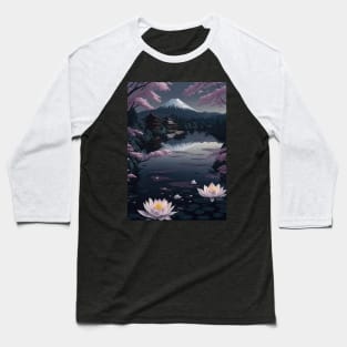 Serene Mount Fuji Sunset - Peaceful River Scenery - Lotus Flowers Baseball T-Shirt